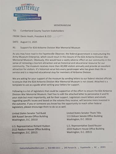 DISTINCTLY FAYETTEVILLE -82D AIRBORNE MUSEUM SUPPORT MEMO