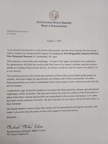 NCGA REP COLVIN - 82D AIRBORNE MUSEUM SUPPORT LETTER