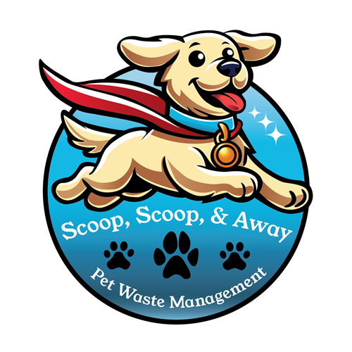 The official Scoop, Scoop, and Away logo. We provide reliable pet waste removal in Oregon and surrounding communities.