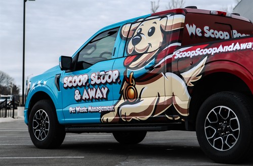 Scoop, Scoop, and Away service truck providing professional pet waste removal services throughout Oregon, Wisconsin and surrounding Dane County communities.