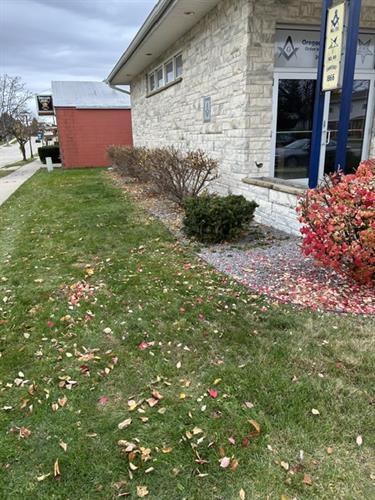 The west end of our Oregon Masonic Center with the shrubs freshly trimmed for winter 2025