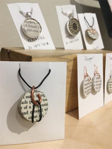 Jewelry made with book pages. Jewelry made with book pages.