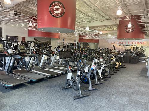 Showroom Floor, Spin Bikes, Treadmills, Ellipticals, Home Gyms, Commercial Cable Machines