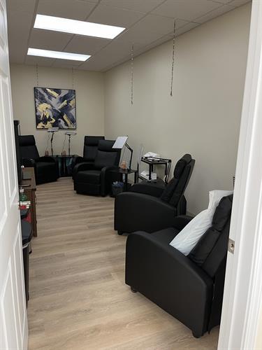 Our Restore Room is the IV room paired with a sweet Hays vacation- Red Light Therapy, HImalayan, Salt Lamps, Aromatherapy, Massage Chairs, and a fireplace. Take a mini vacation while you infuse your IV nutrients.