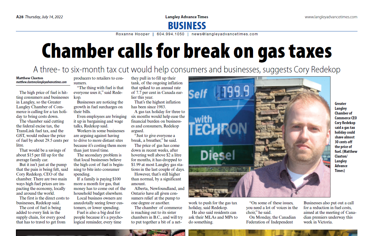 Read about the Chamber's Call for Gas Price Break in Langley Advance Times