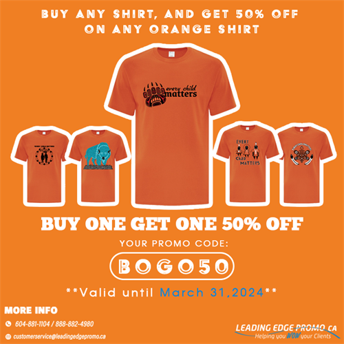 This year, we're on a mission to make sure EVERYONE can show their support for Orange Shirt Day with our exclusive Buy One, Get One 50% Off Sale! 