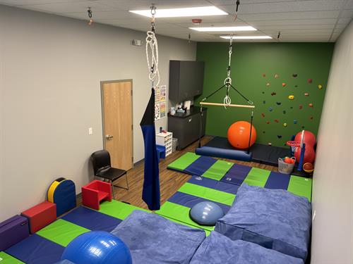 Large Gym- sensory fun- rock wall and swings- view from on top of our playhouse