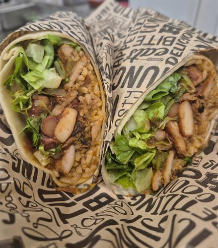 Chicken Jamburrito made with Jambalaya Rice, Romaine Lettuce and bold Cajun-Creole flavors.