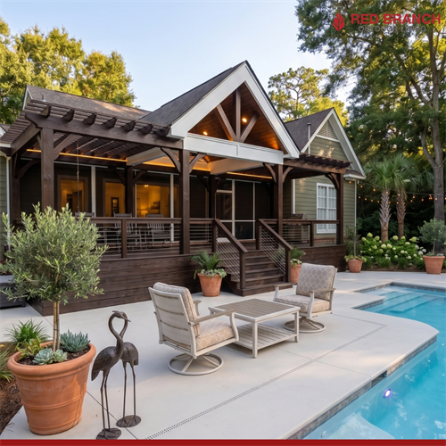 Designed for shade, poolside hosting, and everyday family ease. This custom covered porch and deck combination creates a seamless transition from indoor living to backyard paradise. Premium craftsmanship built to handle every season with confidence.