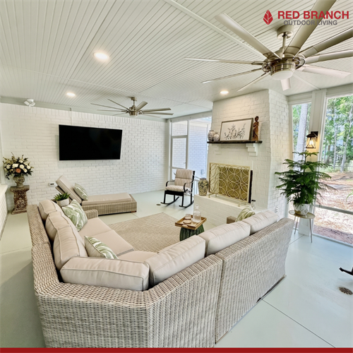 Bring the comfort of your living room completely outdoors. Screened-in protection, cozy fireplace warmth, and overhead breeze make this the ultimate year-round retreat for morning coffee or evening relaxation.  