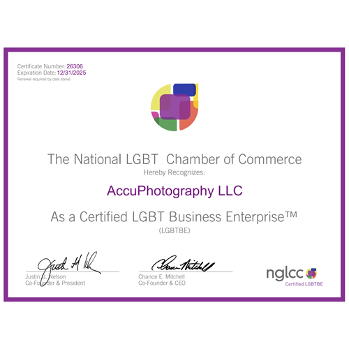 AccuPhotography is a certified LGBT Business Enterprise (LGBTBE®) by the National Gay and Lesbian Chamber of Commerce (NGLCC).