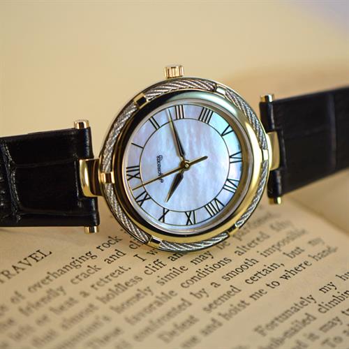 Ladies Watch with Swiss Movement, Mother of Pearl Dial, Stainless Steel Case, & Black Leather Strap