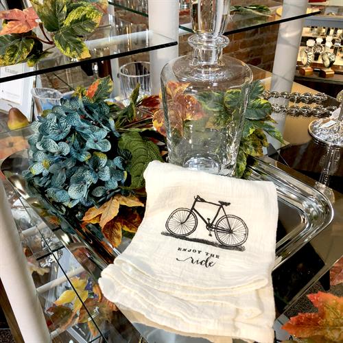 Silver Tray, Crystal Decanter, Linen "Enjoy the Ride" Towel