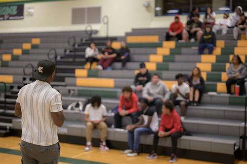 Executive Director, Vernon Hadley, speaking to students at Foss High School during our Career Readiness Workshop