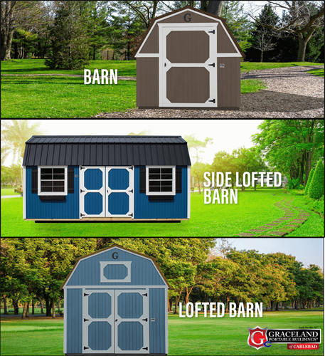 Graceland Portables of Carlsbad offers Barns, Side Lofted Barns, Lofted Barns among other quality portable storage buildings.