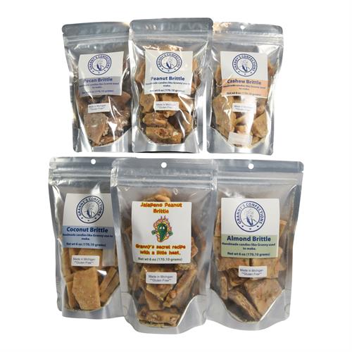 6 Brittle Bag Combo (Peanut, Cashew, Pecan, Coconut, Almond, Jalapeno Peanut Brittle)