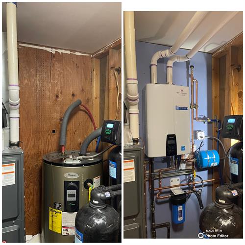 Tankless water heater installation. Before and after.