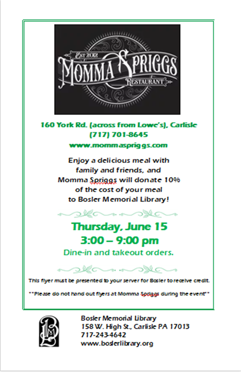 Enjoy a delicious meal at Momma Spriggs Restaurant to support Bosler