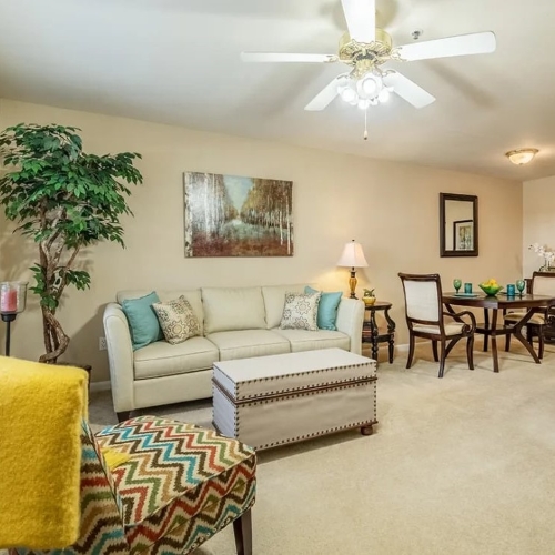 Elison Park Independent Living | Houston, TX | Model apartment living room