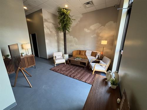 Our lounge is a relaxing space to reconnect after a couples float or enjoy champagne with our Ultimate Date Night service!