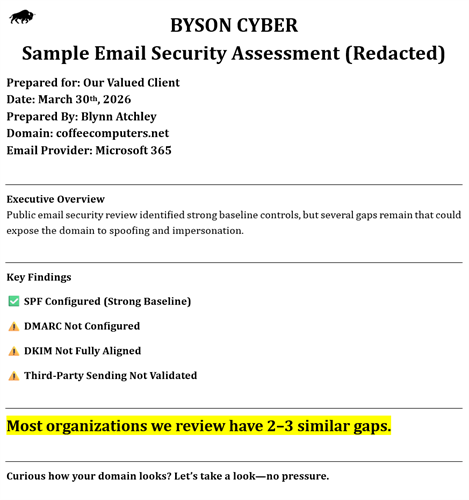 Sample email security assessment (redacted). Most businesses have 2–3 similar gaps affecting email security and deliverability.