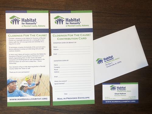 Rack card and business card design created by BAP Agency, LLC for Habitat for Humanity of Marshall County.