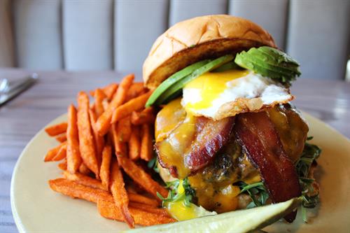 ABC Burger with a fried egg & a side of Sweet Potato Fries