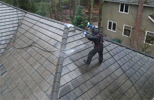 One of our maintenance crew member's cleaning off a tile roof. 