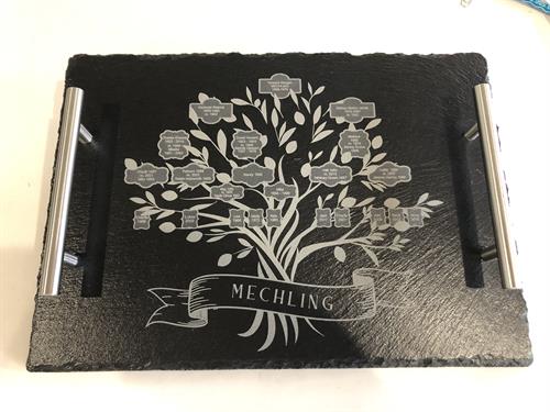 A beautifully engraved slate tray featuring a Family Tree