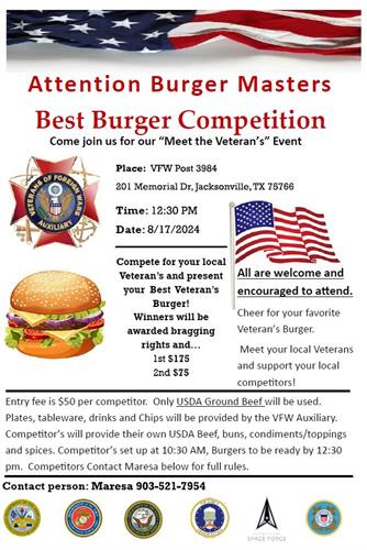 Calling All Burger Master's and Burger Lovers. Come compete and show off your Best Veteran Burger! Public welcome and encouraged to attend and meet your local Veterans and cheer on your favorite competitor!