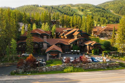 Exterior of the beautiful Kandahar Lodge located at Whitefish Mountain Resort