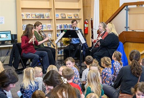 Glacier Symphony Woodwind Quintet plays for children during Symphony Storytime