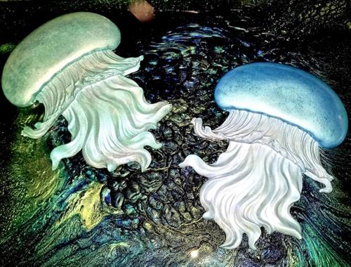 3-D jelly fish created from volcanic ash & sand on canvas