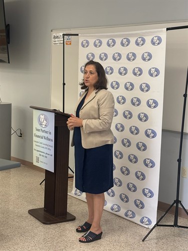 Natalie Tennant, Kanawha County Commissioner, speaks at CCCS's Charleston ribbon cutting.