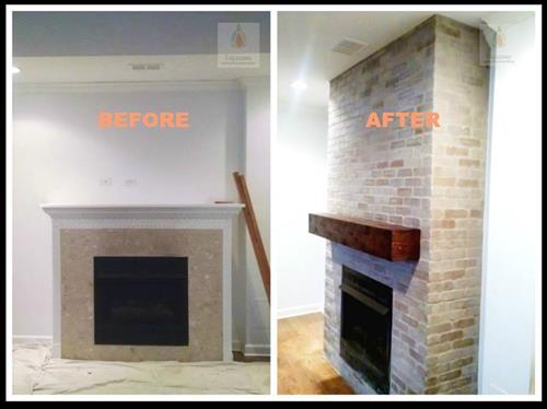 Client wanted the Fire place to look like one, so we built box, then added cement board, then applied brick tiles to cement board. Added new mantel piece with reclaimed wood now stained. Client wanted the Fire place to look like one, so we built box, then added cement board, then applied brick tiles to cement board. Added new mantel piece with reclaimed wood now stained.