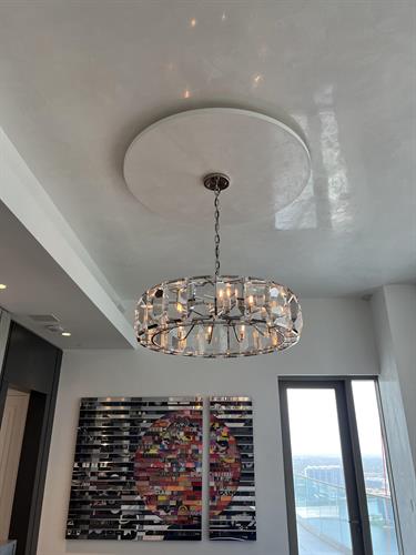 Custom made ceiling canopy for large and heavy chandelier where junction box must be changed to meet NEC, FBC codes