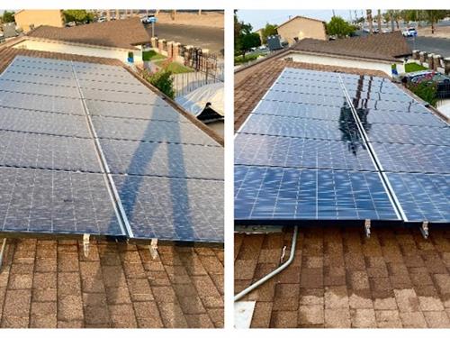 Residential Solar Panel Cleaning, side-by-side before and after cleaning image.