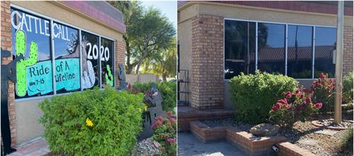 Commercial Window Cleaning, before and after image of Brawley Chamber of Commerce building windows removing 2020 Cattle Call painting on glass, Brawley, California