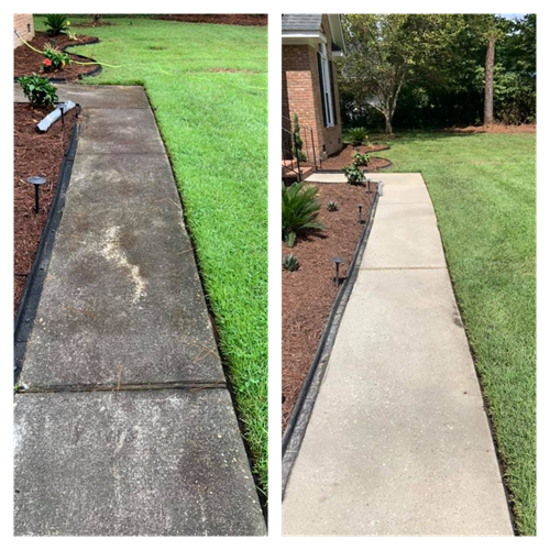 Concrete Restoration, image of concrete walkway before and after Softy Washing by Pane & Panels Pro Cleaning, Imperial, California