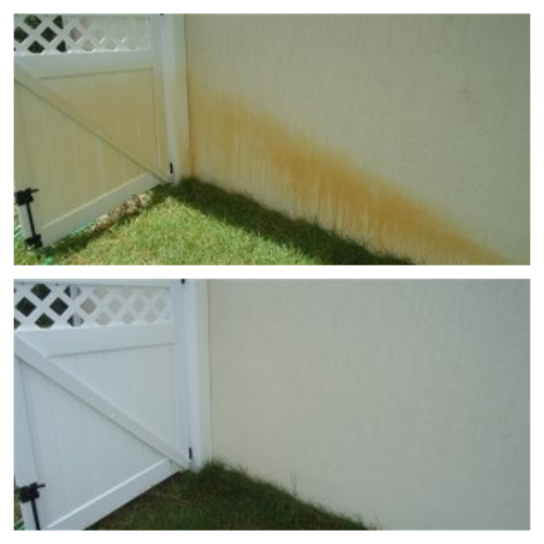 Concrete Restoration by Pane & Panels Pro Cleaning, image of Laminated fence before and after Softy Washing, Hemet, California