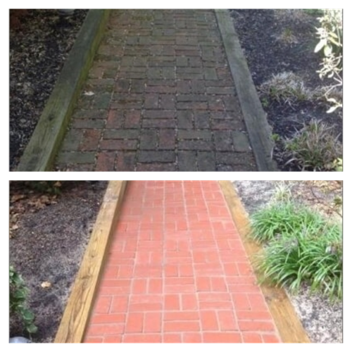 Concrete Restoration, image of red brick walkway before and after Softy Washing by Pane & Panels Pro Cleaning, Imperial, California