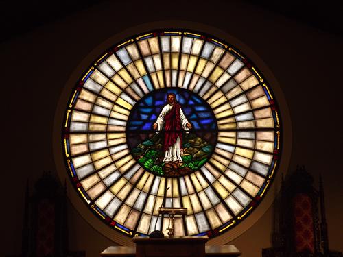 This is the stained glass in the front of the chapel