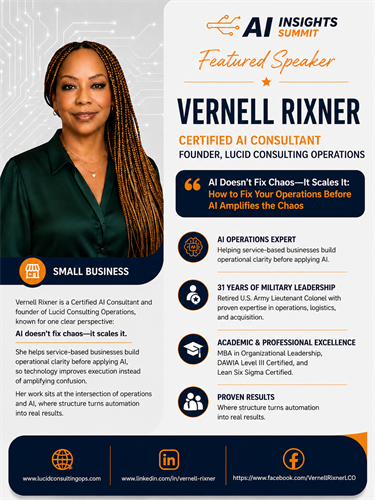 Featured speaker one-sheet highlighting Vernell Rixner’s AI operations message, leadership background, and practical approach to helping small businesses build operational clarity before applying AI.