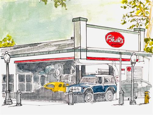 Pen & Ink of the Gas Station in Winters 7x 5