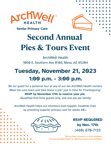 Join us at any of our 10 center locations on 11/21/23 for a Pies & Tours Event.  RSVP required. 