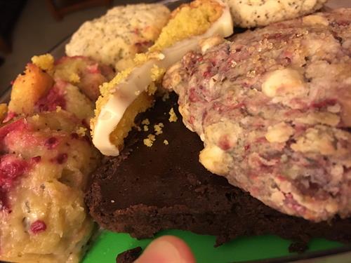 White Chocolate Raspberry Scones, Rich Chocolate Torte (GF), Lemon Poppyseed Scones, Berry Bread Pudding with Rose Infused Whipped Cream
