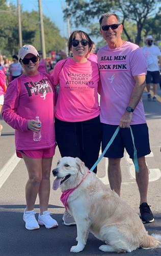 Claire, Grace, and Mike Hancock walking for Breast Cancer Awareness