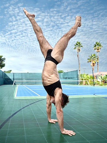 VIRTUE Athlingerie Gymnastics Black outfit Mini Crop Top and Jockstrap Brief, model Porter Wescott
