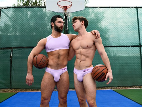 VIRTUE Athlingerie Basketball Taffy outfit Mini Crop Top and Jockstrap Brief, models Channing Flynn and Christopher Maldarella