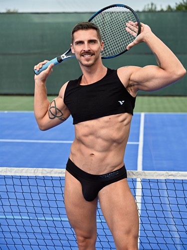 VIRTUE Athlingerie Tennis Black outfit Mini Crop Top and Jockstrap Brief, model Jaxx Cody